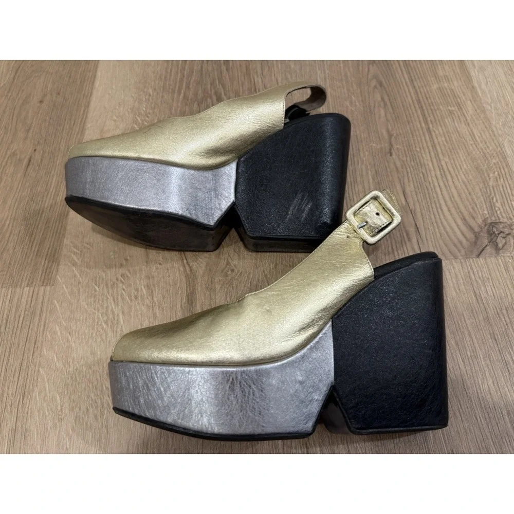 Robert Clergerie Dylan Platform Wedge Slingback Peeptoe Heels EU 36.5 Metallic